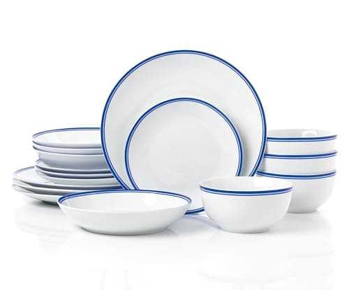 Image of Waterside 16pc Blue Ring Decor Porcelain Dinner Set; 4 Dinner Plates, Side Plates, Deep Bowls & Soup Bowls - Dishwasher & Microwave Safe