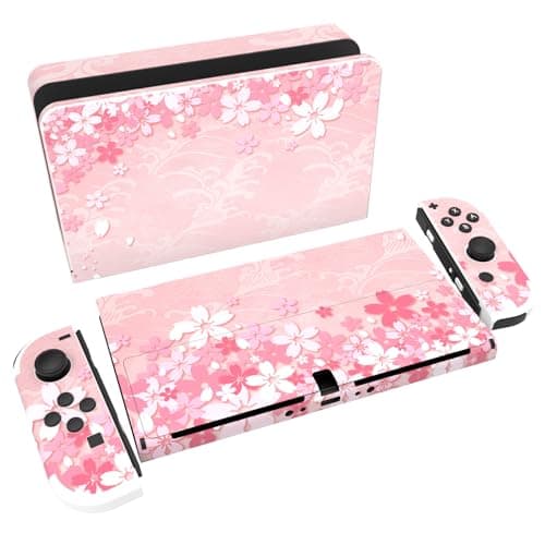 Image of playvital Full Set Protective Stickers for Nintendo Switch OLED Model, Customized Vinyl Decal Skins for Switch OLED Console & Joycon & Dock & Grip - Cherry Blossoms Petals