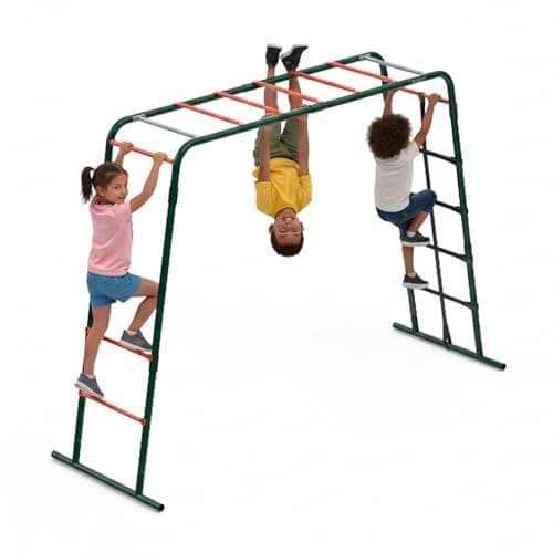 Image of Plum Play Metal Monkey Bars Climbing Frame with Stippled Powder Coating for Extra Grip and Support - Cargo Climbing Net - Max user weight 50kg - Up to 3 users at a time - Min age from 3 years Plus