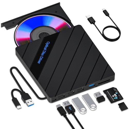 Image of 8-in-1 External CD DVD Drive for Laptop USB 3.0 Type-C Slim Portable Player CD DVD RW Burner Writer Reader with SD/TF Slot & 4 USB Ports, Optical Disk Drive for Windows11/10/Mac OS/Macbook/Vista/Linux