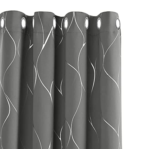 Image of Deconovo Light grey Eyelet Curtains 66 x 54 Inch, Thermal Insulated Blackout Curtains, Silver Wave Line Foil Printed Curtains for Bedroom, 66 x 54 Inch(Width x Length), 2 panels