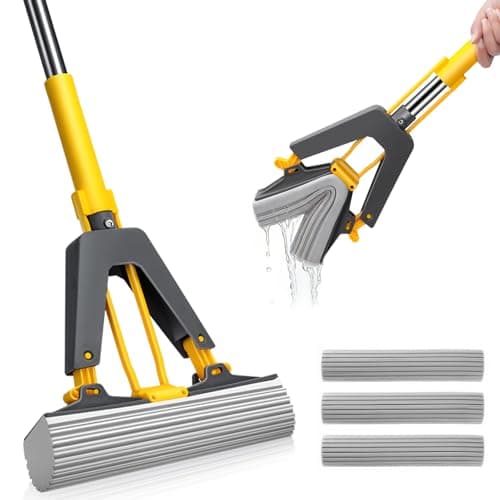 Image of MASTERTOP Easy Floor Cleaner with Self-Squeeze Wringing, Hands-Free Extended Highly-Absorbent PVA Sponge Mop for Laminate, Tile, Hardwood Floor - Send 3pcs Sponge Mop Heads