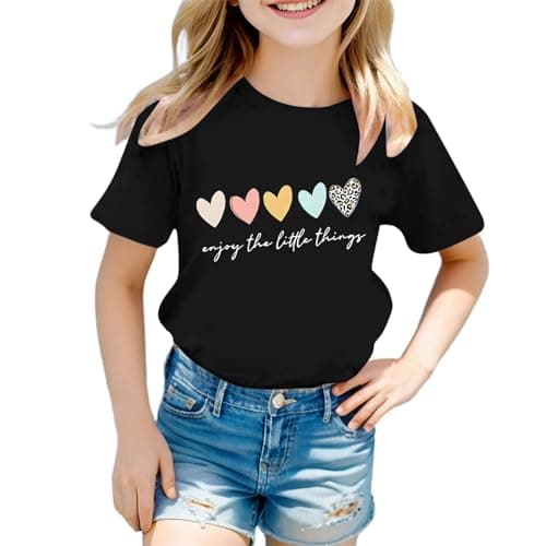 Image of Cute Graphic Print Cotton T-Shirt - Girls' Lightweight Soft Top - Round Neck Short Sleeve Tee - Summer Casual Shirt - School Tee - Christmas T-Shirt - Age 3-12 (02-Black, 7-8 Years)