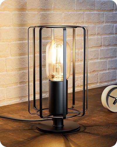 Image of EDISHINE Industrial Table Lamp, Vintage Bedside Black Metal Cage Lamp for Living Room, Bedroom, E27 Socket, LED Bulb Included, 2400K Warm Light