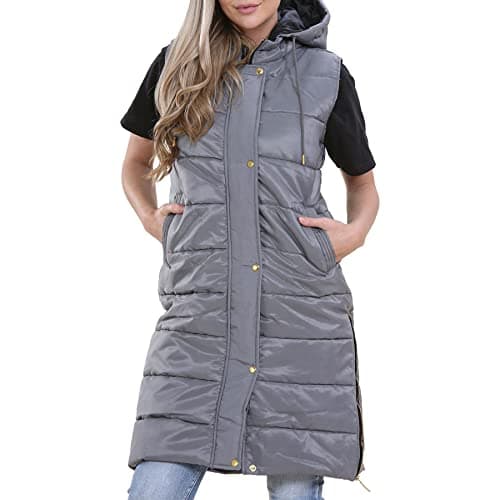 Image of A2Z Ladies Gilet Oversized Hooded Quilted Gilet Padded Long Line Vest - Gilet 800 Steel Grey L