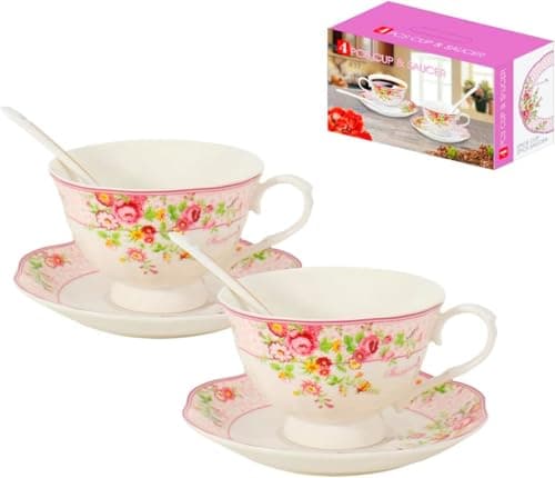 Image of Cup and Saucer Sets of 2 with Spoon, 8oz Large Tea/Coffee Cups and Saucers New Bone China Floral Vintage Cup & Saucer Sets Porcelain Tea Latte Mugs -Microwave Dishwasher Safe
