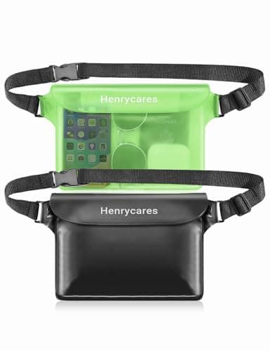 Image of Henrycares 2-Pack Waterproof Pouch Bag for Swimming, IPX8 Waterproof Bumbag with Adjustable Waist Strap, Protect Phone Wallet Passport, for Beach, Paddle Board, Camping, Travel (Black+Crystal Green)