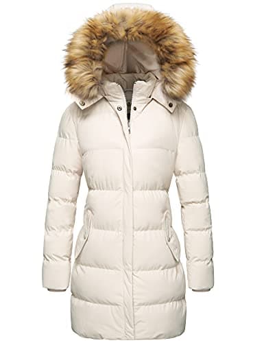 Image of WenVen Women's Winter Warm Thicken Long Coat Warm Quilted Jacket with Faux Fur Removable Hood Beige XL