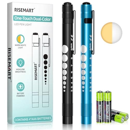 Image of RISEMART Pen Torch 2PCS for Nurses, LED Pen Light with Batteries, One Button Switch White & Warm Light Pupil Gauge Penlight for Nursing, Doctors, Students (Black+Blue)