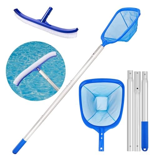 Image of Swimming Pool Skimmer with Large Brush , Deep Pond Fish Net With Ajustable Thick Metal Pole, Pool Cleaning Kit Accessories for Pond Pool Hot Tub Spa Koi Tank Scoop Out Leaves Twigs Hairs Bugs Debris