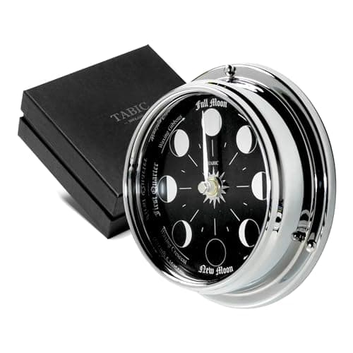 Image of Tabic Handmade Prestige Chrome Moon Phase Clock - Elegant Full Moon Wall Clock with Jet Black Dial, Stunning Look with Mirrored Backdrop and Chrome Hands, Perfect Decorations and Gift