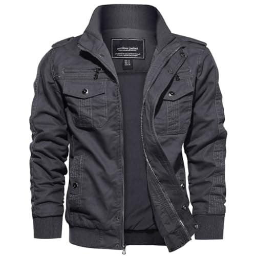 Image of EKLENTSON Jacket Motorcycle Zipper Jacket Cargo Outdoor Warm Cycling Fishing Windproof Coat, Grey, 3XL