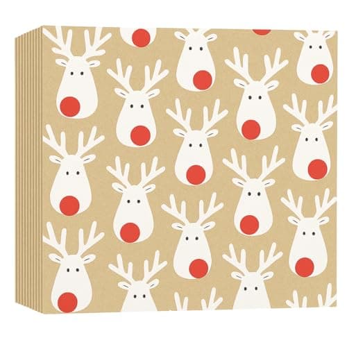 Image of Glick Luxury Christmas Napkins, Pack 20, 3 Ply, Terrific Reindeer Kraft, Fully Recyclable, 33 x 33 cm When Opened, White, Beige & Red