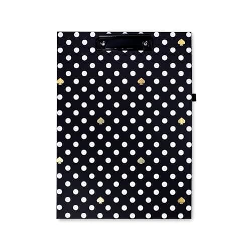 Image of Kate Spade New York A4 Clipboard Folio with Low Profile Clip, Black Professional Padfolio Includes Lined Notepad, Pen Loop, and Pocket, Polka Dots