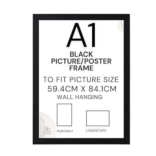 Image of EMPORIUM RETAIL FRAMES Black A1 Picture Frame - A1 Black Photo Frame Wood, Styrene Acrylic Glass, MDF Back & Hooks - Portrait or Landscape - Ideal for Gallery Wall Decorations - 59.4 x 84.1 cm