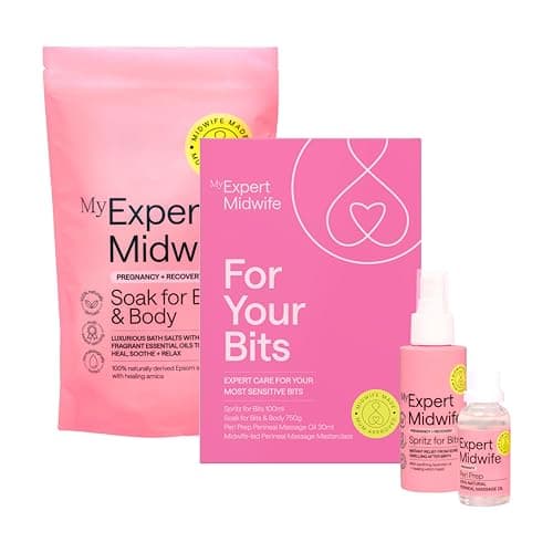 Image of My Expert Midwife For Your Bits Gift Set, Prep & Post-Birth Recovery Care for Your Perineum, with Spritz for Bits Postnatal Relief Spray, Peri Prep Perineal Massage Oil and Soak for Bits Bath Salts
