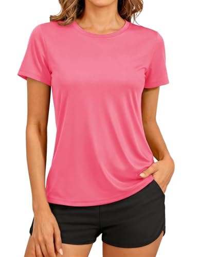Image of TACVASEN Gym T Shirt for Women UV Protection Sport Tops Ladies Short Sleeve Quick Dry Hiking Shirts Outdoor Elastic T-Shirt (XL, Rose Red)