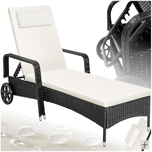 Image of tectake® Rattan Garden Sun Lounger, 6-Level Adjustable Backrest, Plastic Weave, Outdoor and Indoor Use, Easy-Care Garden Recliner Chair with Padding & Cushion, Rubber Wheels - black