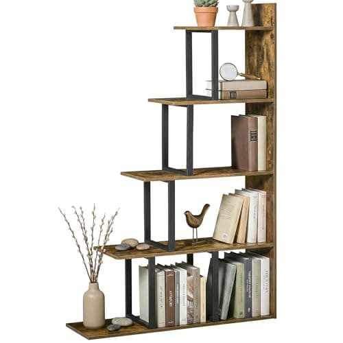 Image of HOMCOM Industrial Bookcase 5-Tier Wooden Ladder Bookshelf Display Stand Organiser for Living Room Indoor Corner Shelf, Rustic Brown