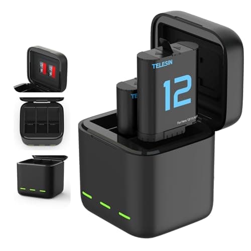 Image of TELESIN Triple Battery Charger for Gopro 12 Hero 11 10 9 Black, 2-Pack Batteries and 3-Channel USB Storage Quick Charger for Gopro Hero 11/10/9 Batteries Charger