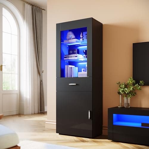 Image of ELEGANT Black Gloss Sideboards Cupboard Tall Display Cabinet Unit with LED Lights, Drawer & Shelves Bookcase Furniture for Living Room Bedroom, H165xW60xD35cm