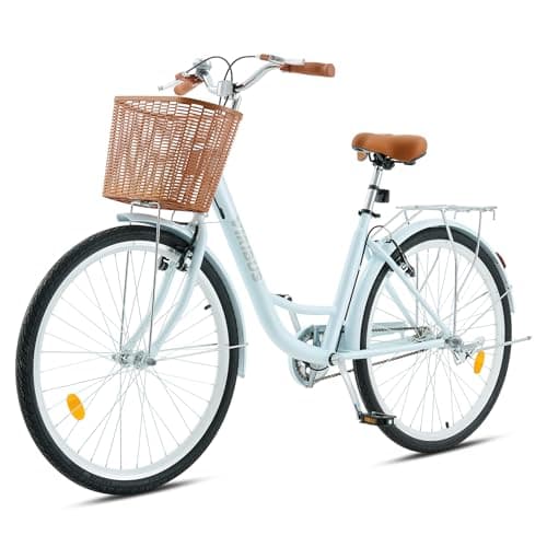 Image of Viribus 24 Inch Vintage Ladies Bike with Basket, Dutch Style City Bicycle with Carbon Steel Frame, Dual V Brakes, Single Speed Women's Comfort Bike with Adjustable Seat and Handlebars, Mint
