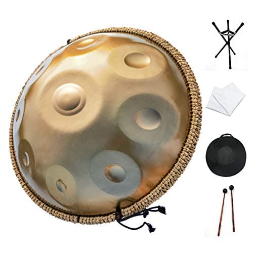 Image of AS TEMAN Handpan drum, D Minor 9 Notes Handpan in Gold, 22 inches Steel Hand Drum with Bag, Mallet, Stand, Cloth