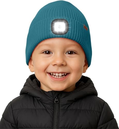 Image of ATNKE Kids LED Lighted Beanie Hat with Lined Fleece, USB Rechargeable 4 LED Running Headlamp Ultra Bright Hands Free Head Torch Winter Warm Knit Skull Cap Gifts for Boys and Girls/Olive Green