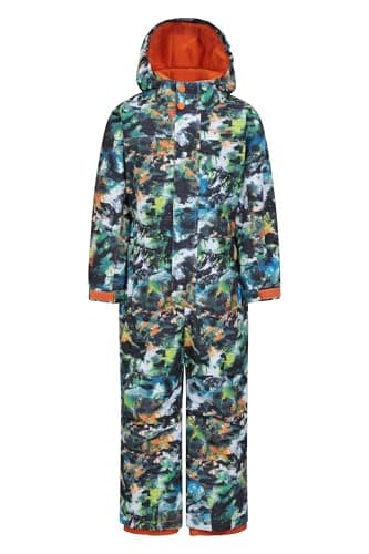 Image of Mountain Warehouse Cloud Kids Snowsuit - Waterproof, Adjustable, One Piece Jumpsuit with Taped Seams & Fleece Lining, Girls & Boys - Winter, Ski & Rain Dark Khaki (Printed) Kids Size 3-4 Years
