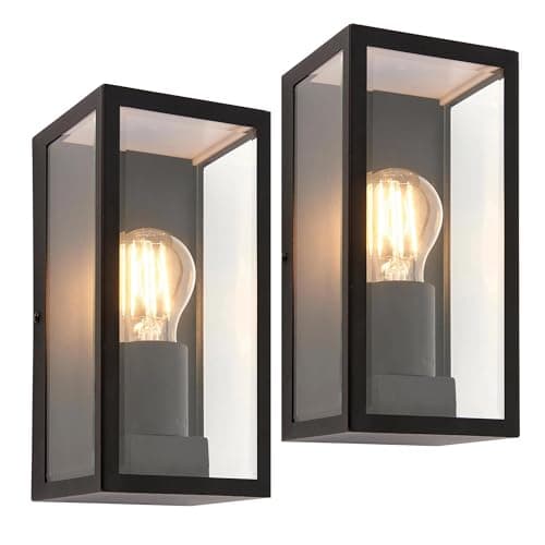 Image of National Lighting Outdoor Wall Light - Matt Black Stainless Steel Boxed Lantern with Glass Panels - IP44 Rated Outside Light - Compatible with 28W 240V E27 Eco GLS or LED E27 (Not Included) 2 Pack
