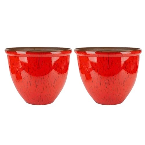 Image of TRG 30cm Ceramic Look Plant Pot Set Of 2 – Large Glazed Indoor & Outdoor Planters, Modern Round Flower Pots for Patio, Balcony, Garden & Home Décor, Weather Resistant Decorative Planter - (Red)
