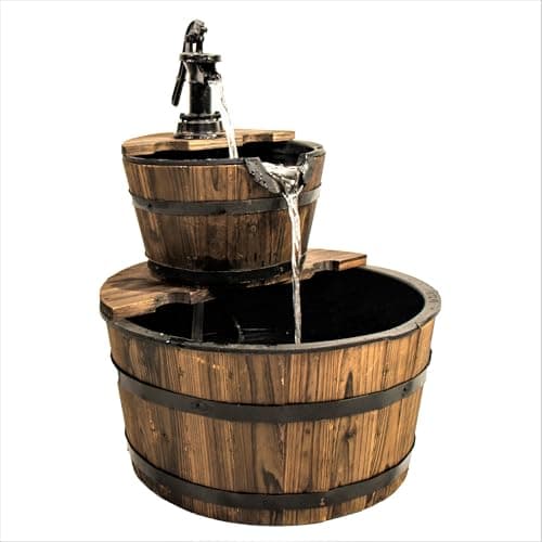 Image of Backyard Expressions 2-Tier Cascading Barrel Fountain with Rustic Pump – Outdoor Water Feature for Garden, Patio, or Deck – Weathered Wood Look with Electric Recirculating Pump