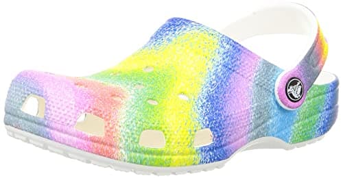 Image of Crocs Women's Classic Solar Rainbow Clogs, White/Multi Spray Dye, 8 UK Men / 10.5 UK Women