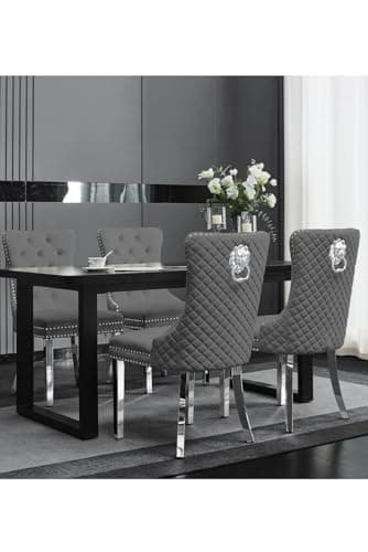 Image of Set of 2 Velvet Dining Chairs with Lion Head Knocker – Quilted Upholstered Chairs with Chrome Legs, Silver Stud Detailing, Padded Comfortable Seating for Dining Room, Office, Accent Chair (Grey)