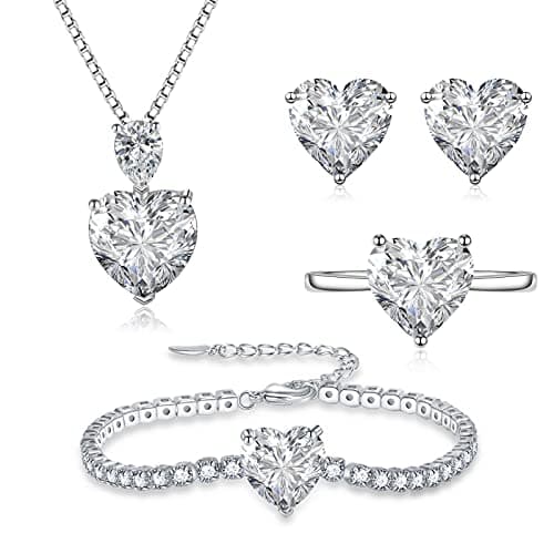 Image of Loutade 925 Sterling Silver Jewellery Set for Women - 4 PCS Heart Necklace, Earrings, Ring, Bracelet With White Cubic Zirconia