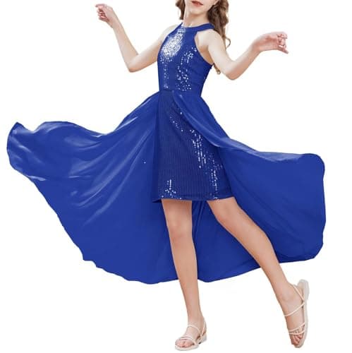 Image of GRACE KARIN Girl Sleeveless Swing Princess A Line Dresses Sequin Christmas Fancy Dress Halterneck A-Line Dress Royal Blue 12-14 Years