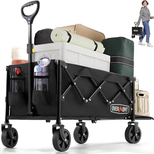 Image of Overmont 100L Festival Camping trolley on Removable wheels - Pull Along Collapsible Wagon Cart with Adjustable Handle - 220LBS/100kg Large Capacity for Beach Garden Picnic Shopping,Sports, black