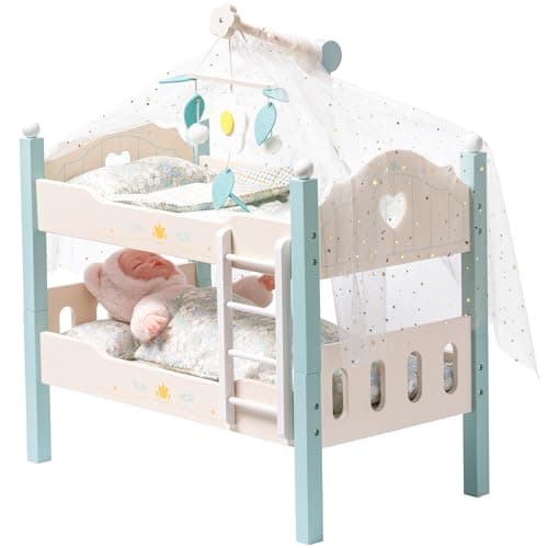 Image of ROBOTIME Wooden Doll Bunk Bed, Dolls Cots Convertible Bed with Ladder and Bedding, for 18 inch Stackable Dolls Crib, Perfect Doll Accessories, Gift for Children, Blue