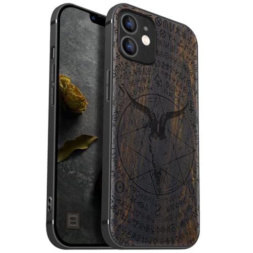 Image of Carveit Magnetic Wood Case for iPhone 12 Case [Natural Wood & Black Soft TPU] Shockproof Protective Cover Unique Wooden Case Compatible with magsafe (Goat Skull and Pentagram -Blackwood)