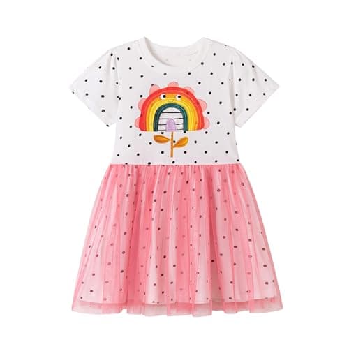 Image of QHKEPW Girls Summer Kids Dress Clothes Rainbow Toddler Clothing Casual Short Sleeve Round Neck 3-4 Years Old White