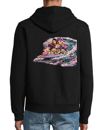 Image of Girls Surfing With Happy Dogs Hooded Cotton Blend Zipper Jacket Sweatshirt Hoodie Black Small