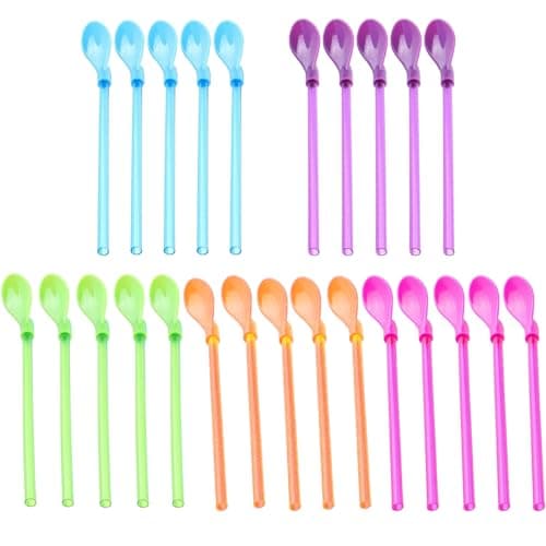 Image of Syylqyr 25pc Transparent Reusable Slush Straws & Spoons, 2 in 1 Design, Ideal for Milkshakes, Smoothies, Coffee & Hot Drinks
