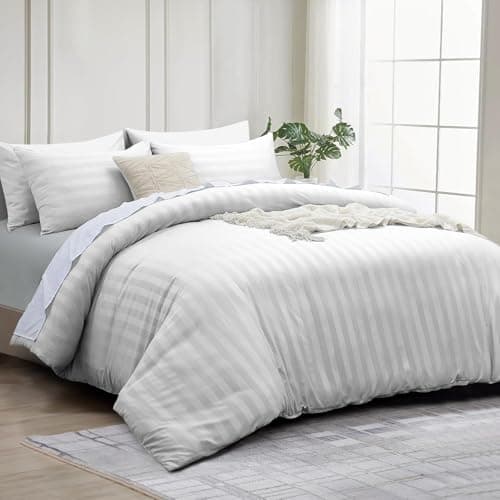 Image of INSPIRE HOMEWARE King Size Duvet Cover Set - Premium Hotel Quality Reversible Satin Stripes Duvet Cover with 2 Pillowcases, White Kingsize Bedding Set - Soft Microfiber Quilt Bedding