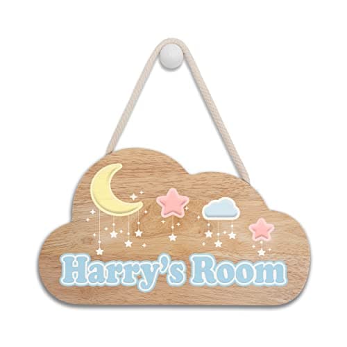 Image of iCaseDesigner Personalised Wooden Childs, Baby, Toddler Bedroom Room Cloud Sign with Name - Moon & Stars Theme