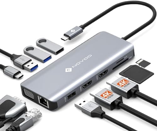 Image of USB C Docking Station Triple Monitor, NOVOO RM11 Docking Station Dual HDMI Adapter, 4K@60Hz HDMI, VGA Gigabit Ethernet 100W PD 4USB Ports, USB C Dock for MacBook and Other USBC Laptops