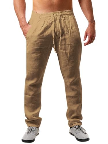 Image of Runcati Men's Linen Trousers Solid Color Lightweight Loose Fit Drawstring Holiday Beach Daily Wear, Khaki, XL