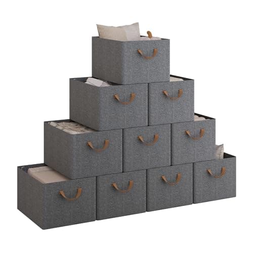 Image of WOLTU ABB10gbn-10-UK Foldable Storage Boxes Set of 10, Fabric Storage Cubes with Handles, Organiser Boxes Clothes for Shelves, Grey, 42 x 32 x 26 cm