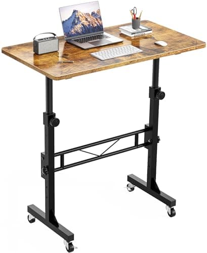 Image of HOMIDEC Height Adjustable Standing Desk, 80x40cm Mobile Small Desk, Portable Home Office Computer Desks with Wheels, Modern Simple Style Desks for Bedroom, Living Room, Office, Vintage