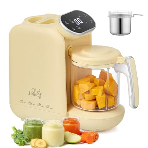 Image of Chefhandy Baby Food Maker, 5 in 1 Baby Food Processor with Stainless Steel Steam Basket, Food Puree Maker with Steamer, Blender, Bottle Warmer Function, Auto Cooking & Grinding, Touchscreen (Yellow)