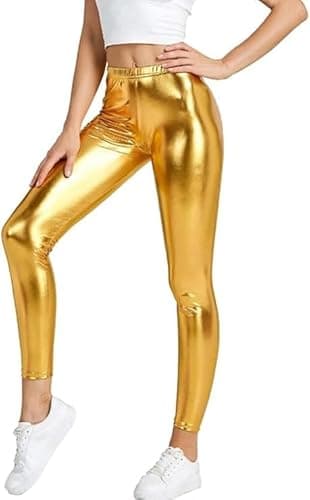 Image of harlogistics Girls Ladies Shiny Metallic Pants Leggings – Stylish and Comfortable – Perfect for Sports, Dance, Parties, and Everyday Wear(Gold,S-M)